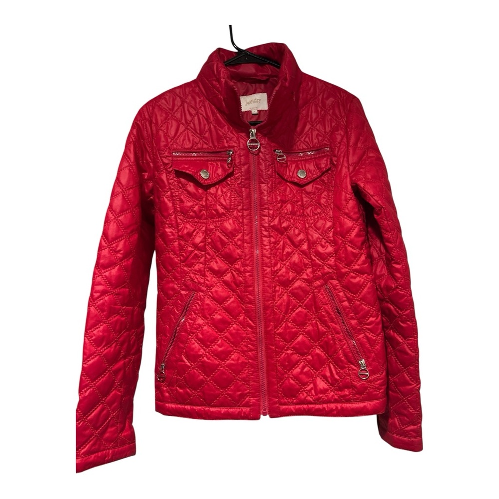 Laundry by Shelli Segal Red Quilted Jacket Leopard Lined Size Small - Picture 3 of 11